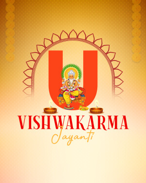 Vishwakarma Jayanti festival poster with Lord Vishwakarma and the letter 'U'
