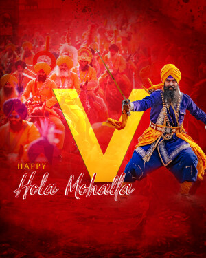A vibrant poster depicting a Sikh warrior with a large 'V' and celebrating Hola Mohalla.