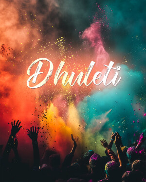 People celebrating Holi with vibrant colored powder and the word 'Dhuleti' in elegant script.