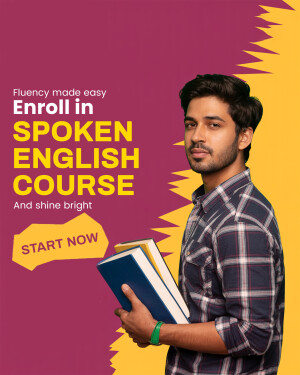 A young man holding books promoting a spoken English course.
