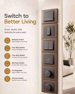 A collection of modern modular wall switches and dimmers featuring a sleek black design on a wood-toned panel.