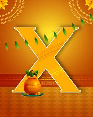 Orange and gold decorative image featuring the letter 'X' with traditional Indian elements.