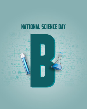 National Science Day graphic with a large letter B and science equipment