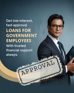 Man in a suit holding a folder with an approval stamp, promoting low-interest loans for employees.