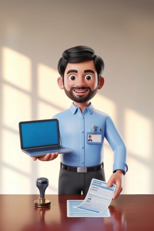 3D rendering of a smiling professional man holding a laptop and documents.