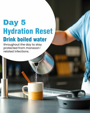 A person pouring boiled water from a kettle into a mug, promoting hydration during the monsoon season.