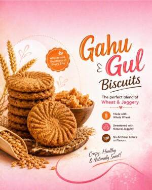 A vertical promotional advertisement for Gahu Gul biscuits featuring a stack of whole wheat jaggery cookies, a bowl of jaggery, wheat stalks, and a wooden scoop of wheat grains on a soft pink background.