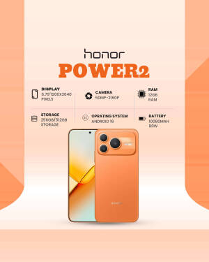 Honor Power 2 smartphone displayed against a soft orange background with technical specifications listed above.