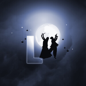 Silhouettes of two dancers against a full moon and cloudy sky with a large letter 'L'