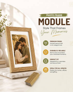 A wooden photo frame displaying a romantic couple photo, next to informational text about its features.