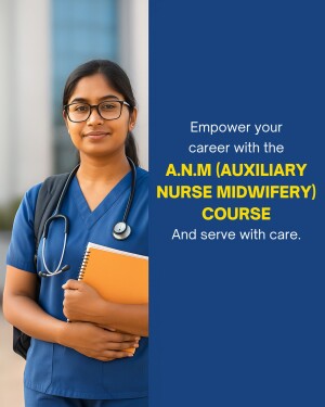 A young female nurse with a stethoscope promoting the ANM course.