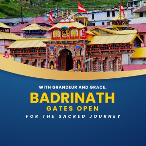 Badrinath Temple with flags and text announcing the opening of the gates for the sacred journey.