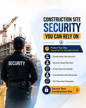 A security guard overseeing a construction site with equipment and safety information