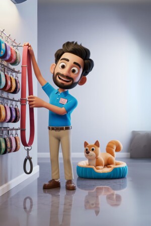Cartoon illustration of a pet store employee holding a pink dog leash with a dog in a bed nearby.