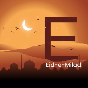 Eid-e-Milad celebration with crescent moon and mosque silhouette