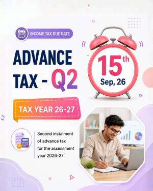 A graphic design promoting the Q2 Advance Tax due date of September 15, 2026, for the tax year 2026-27.