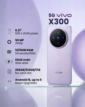 vivo X300 smartphone in light purple color with key technical specifications displayed