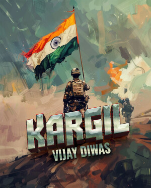 Indian soldier saluting the national flag with 'Kargil Vijay Diwas' text