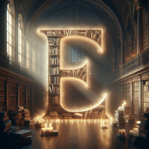 A large letter 'E' formed by bookshelves in a grand library, illuminated by candles and sunlight.