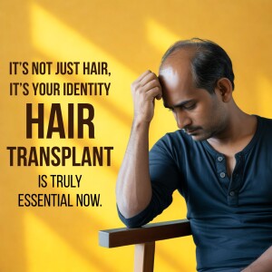 Man looking concerned about hair loss with text promoting hair transplant.