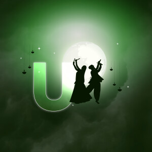 Silhouette of dancers celebrating Navratri with a large letter U and a full moon background