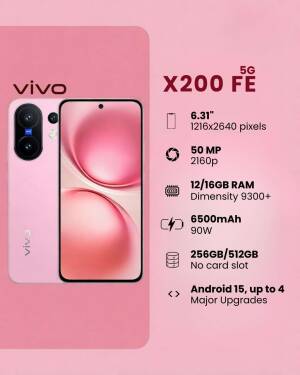 Vivo X200 FE smartphone in pink color with technical specifications list
