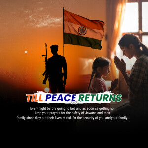 Image depicting an Indian family praying for peace with a silhouette of a soldier and the Indian flag.