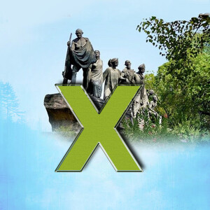 Image depicting statues of Indian independence leaders with a large green letter X in the foreground.