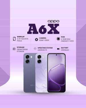 OPPO A6X smartphone displayed with key technical specifications on a light purple background