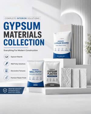 Professional display of gypsum boards, wall putty, and plaster products for interior wall construction and decoration