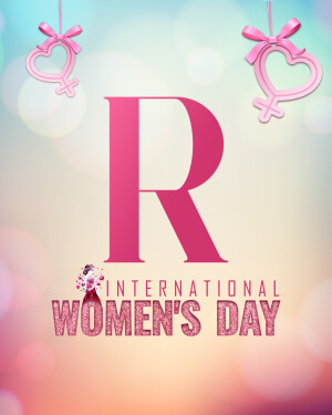 Pink letter R with female symbols and International Women's Day text