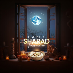A window view of a full moon on Sharad Purnima night with traditional sweets and decorations.