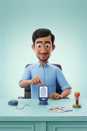 3D rendering of a man verifying his fingerprint with a biometric scanner on his desk.