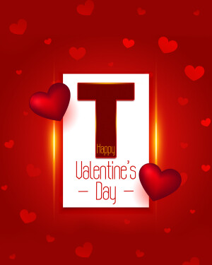 Valentine's Day card with a white frame, a large letter 'T' and heart decorations.