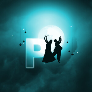 Silhouette of two people performing Garba dance in front of a large letter 'P' and a full moon.