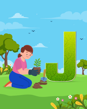 Illustration of the letter J made of leaves with a girl planting a seedling.