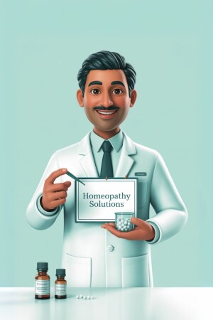Cartoon illustration of a doctor presenting homeopathy solutions.