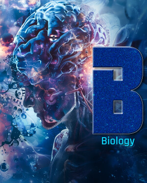 Digital art depicting a brain and a human face merging with a large letter 'B' and the word 'Biology'.