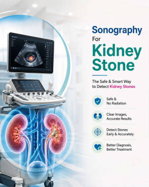Medical ultrasound machine display showing kidney imaging for kidney stone diagnosis