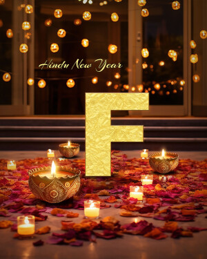 Golden letter F with Diwali-style decorations and candles for Hindu New Year