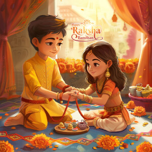 Illustration of a brother tying a Rakhi on his sister's wrist