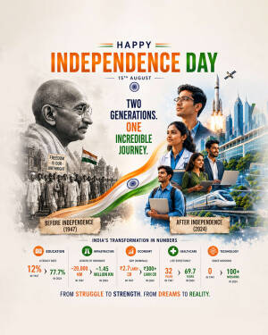 Visual poster celebrating India Independence Day showing historical figures and modern progress milestones.