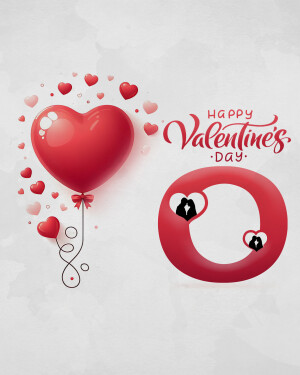 Red heart-shaped balloon and Valentine's Day text with a heart-shaped letter 'O'