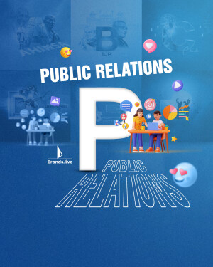 Illustration depicting public relations concepts with people working on laptops and social media icons.