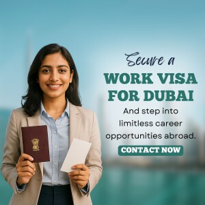 Woman holding a passport with text promoting Dubai work visas