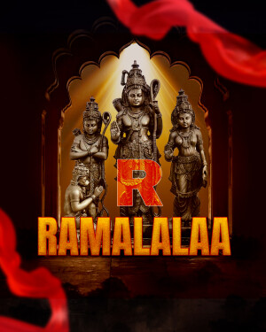 Image depicting Lord Ram with Hanuman and Lakshman, with the text 'Ram Lalaa' and a large 'R' symbol.