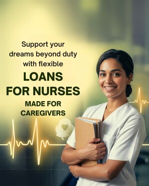 Nurse smiling and holding books with loan advertisement
