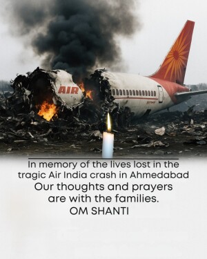 Image depicting a memorial candle in front of the wreckage of an Air India plane, commemorating the lives lost in the Ahmedabad crash.