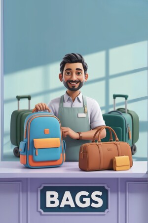 Cartoon illustration of a smiling baggage handler with luggage.