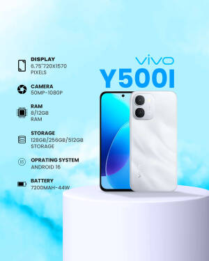 vivo Y500i smartphone front and back view with technical specifications listed on a blue background
